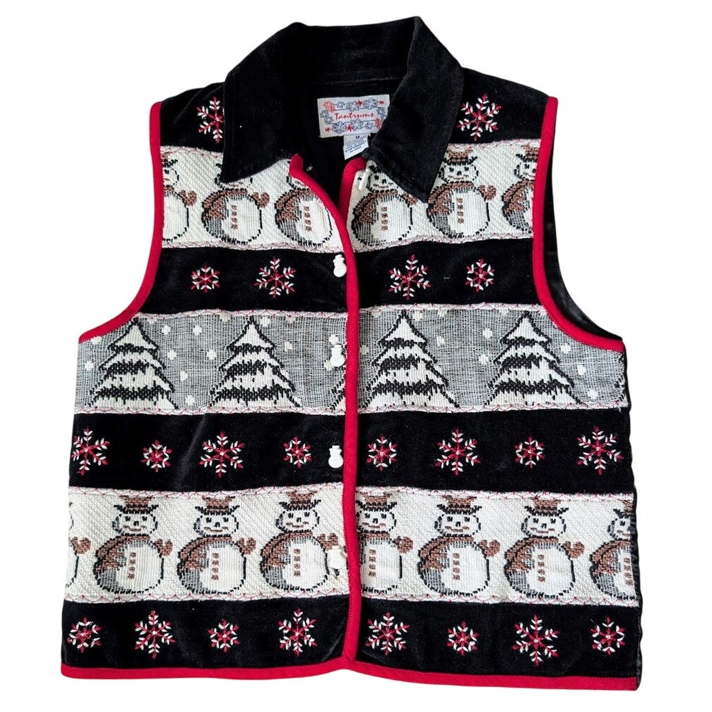 VTG Collared Snowman Vest Women Medium Tapestry Velvet‎ Holiday Christmas Tree